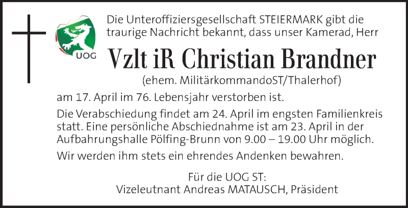  Traueranzeige für Christian Brandner  vom 22.04.2021 aus Kleine Zeitung