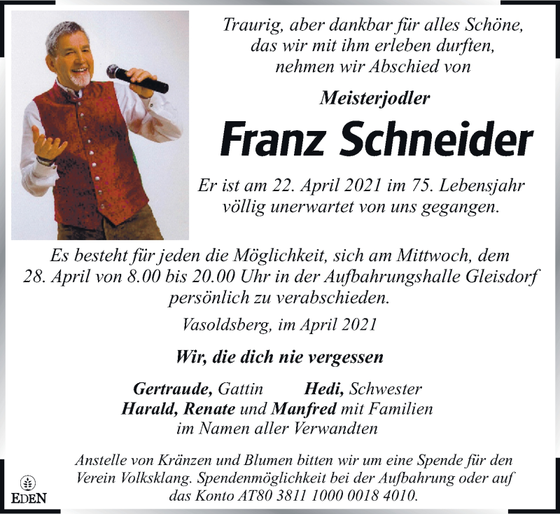  Traueranzeige für Franz Schneider  vom 27.04.2021 aus Kleine Zeitung