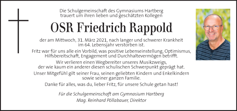  Traueranzeige für Friedrich Rappold vom 02.04.2021 aus Kleine Zeitung