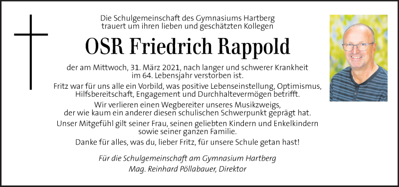  Traueranzeige für Friedrich Rappold vom 03.04.2021 aus Kleine Zeitung