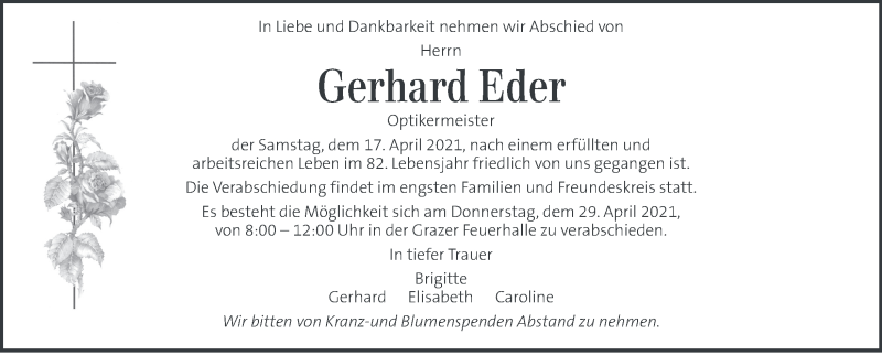  Traueranzeige für Gerhard Eder vom 27.04.2021 aus Kleine Zeitung