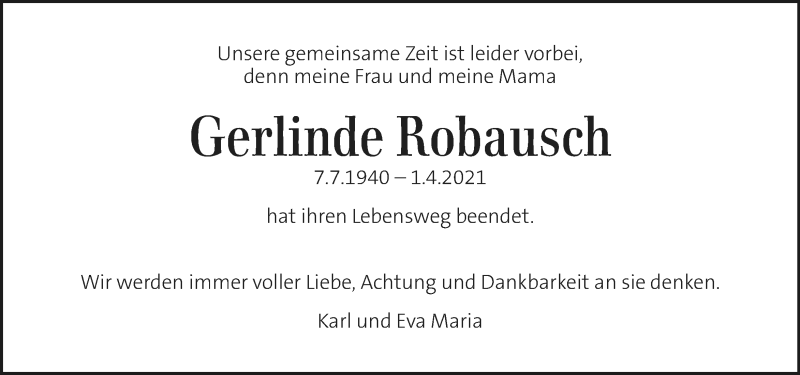  Traueranzeige für Gerlinde Robausch vom 08.04.2021 aus Kleine Zeitung