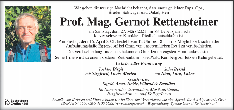  Traueranzeige für Gernot Rettensteiner vom 04.04.2021 aus Kleine Zeitung