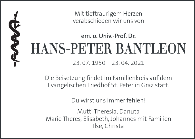  Traueranzeige für Hans-Peter Bantleon vom 30.04.2021 aus Kleine Zeitung