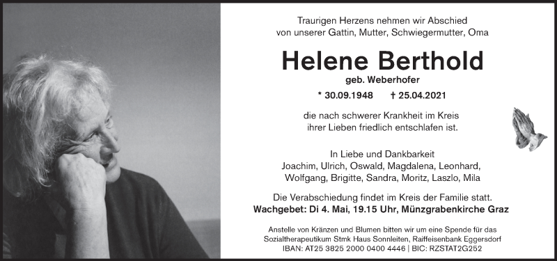  Traueranzeige für Helene Berthold vom 30.04.2021 aus Kleine Zeitung