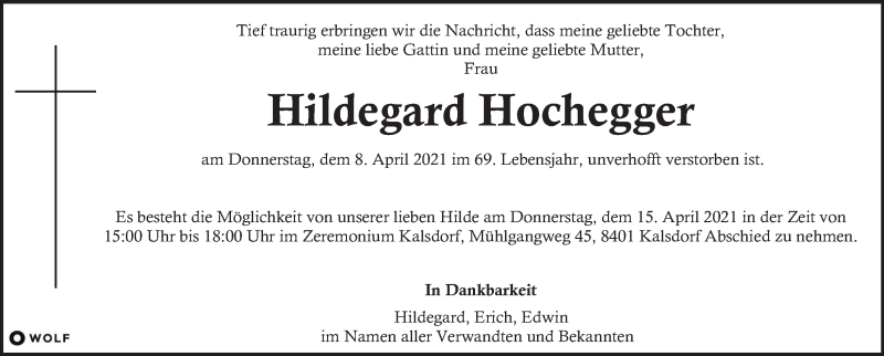  Traueranzeige für Hildegard Hochegger vom 11.04.2021 aus Kleine Zeitung