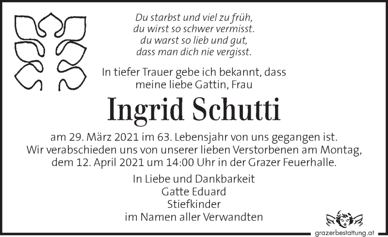  Traueranzeige für Ingrid Schutti vom 09.04.2021 aus Kleine Zeitung
