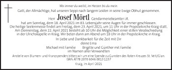 Traueranzeige von Josef Mörtl von Kleine Zeitung