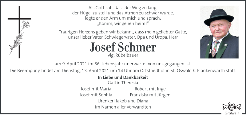  Traueranzeige für Josef Schmer vom 13.04.2021 aus Kleine Zeitung