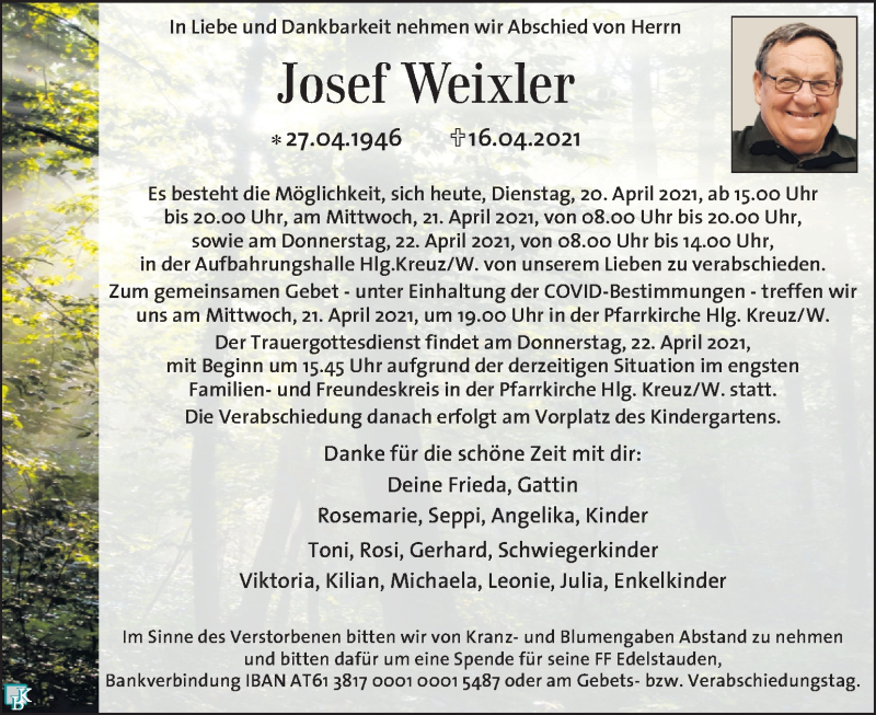  Traueranzeige für Josef Weixler vom 20.04.2021 aus Kleine Zeitung