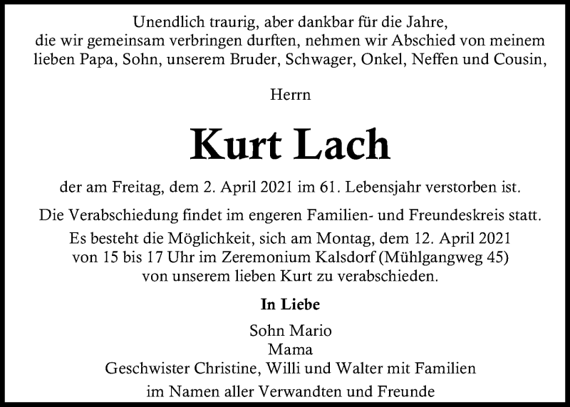  Traueranzeige für Kurt Lach vom 08.04.2021 aus Kleine Zeitung