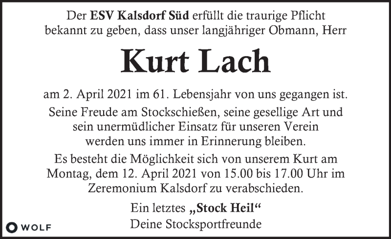  Traueranzeige für Kurt Lach vom 10.04.2021 aus Kleine Zeitung