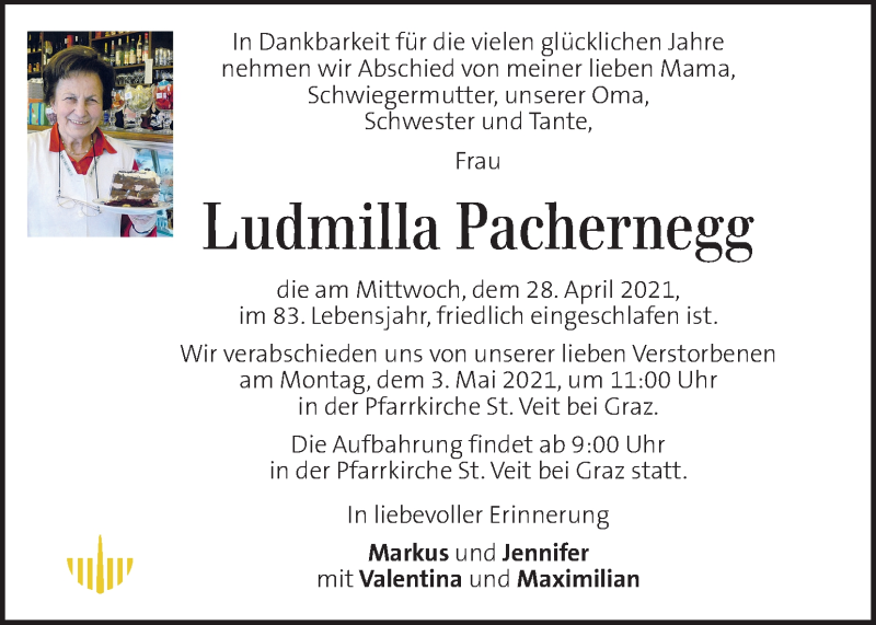  Traueranzeige für Ludmilla Pachernegg vom 01.05.2021 aus Kleine Zeitung