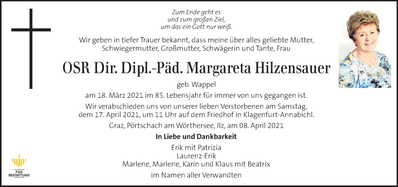  Traueranzeige für Margareta Hilzensauer vom 14.04.2021 aus Kleine Zeitung