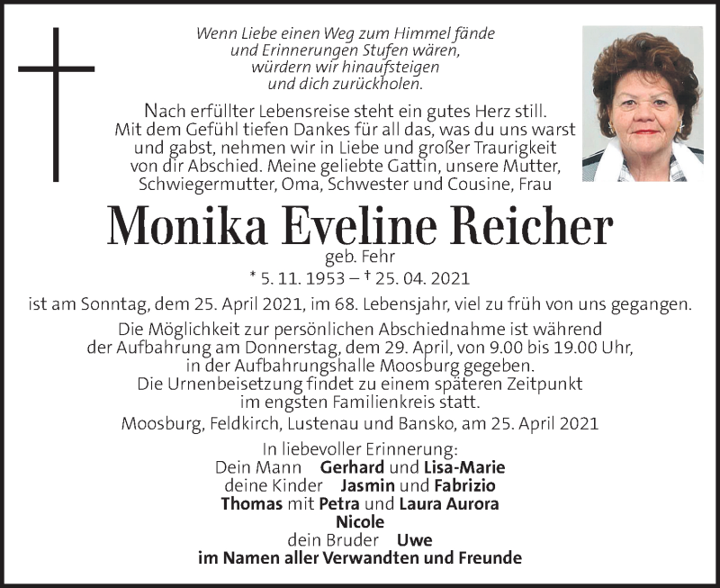  Traueranzeige für Monika Eveline Reicher  vom 28.04.2021 aus Kleine Zeitung