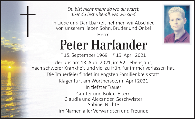  Traueranzeige für Peter Harlander vom 18.04.2021 aus Kleine Zeitung