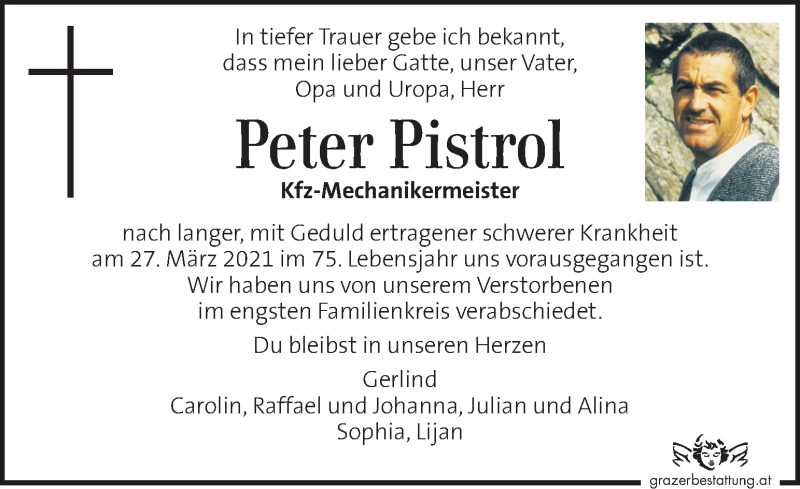  Traueranzeige für Peter Pistrol vom 07.04.2021 aus Kleine Zeitung