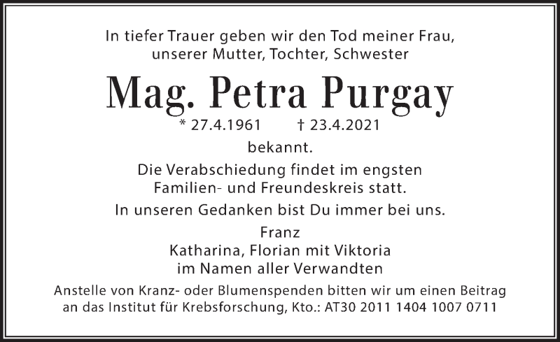  Traueranzeige für Petra Purgay vom 28.04.2021 aus Kleine Zeitung