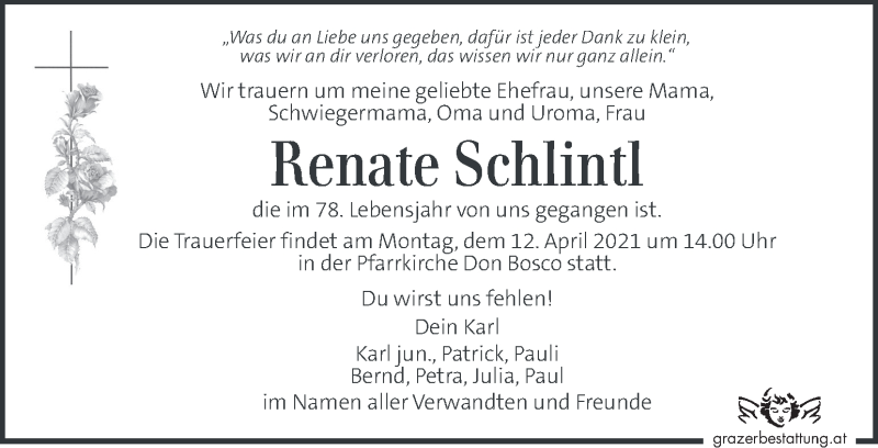  Traueranzeige für Renate Schlintl vom 09.04.2021 aus Kleine Zeitung