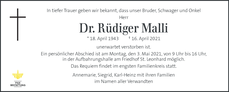  Traueranzeige für Rüdiger Malli vom 28.04.2021 aus Kleine Zeitung
