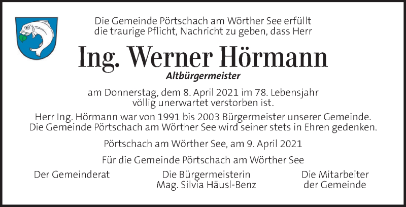  Traueranzeige für Werner Hörmann vom 11.04.2021 aus Kleine Zeitung
