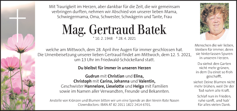  Traueranzeige für Gertraud Batek vom 04.05.2021 aus Kleine Zeitung