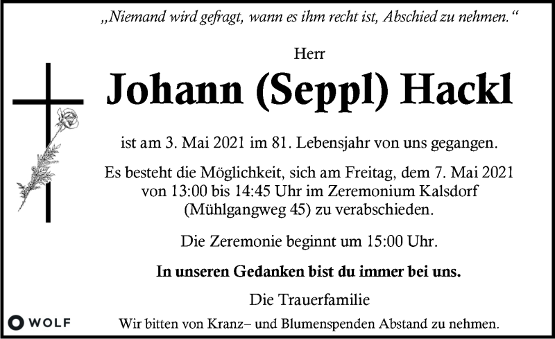  Traueranzeige für Johann Hackl vom 06.05.2021 aus Kleine Zeitung