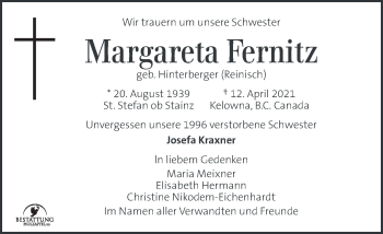Traueranzeige von Margareta Fernitz von Kleine Zeitung