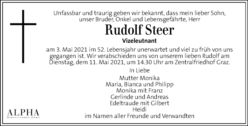  Traueranzeige für Rudolf Steer vom 09.05.2021 aus Kleine Zeitung