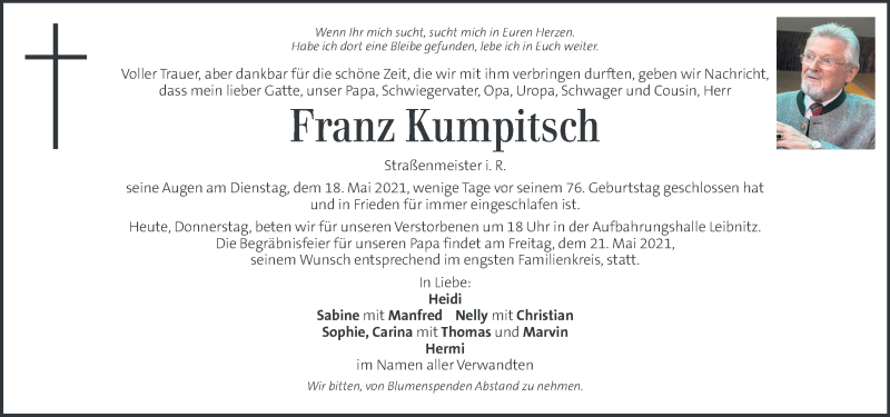  Traueranzeige für Franz Kumpitsch vom 20.05.2021 aus Kleine Zeitung