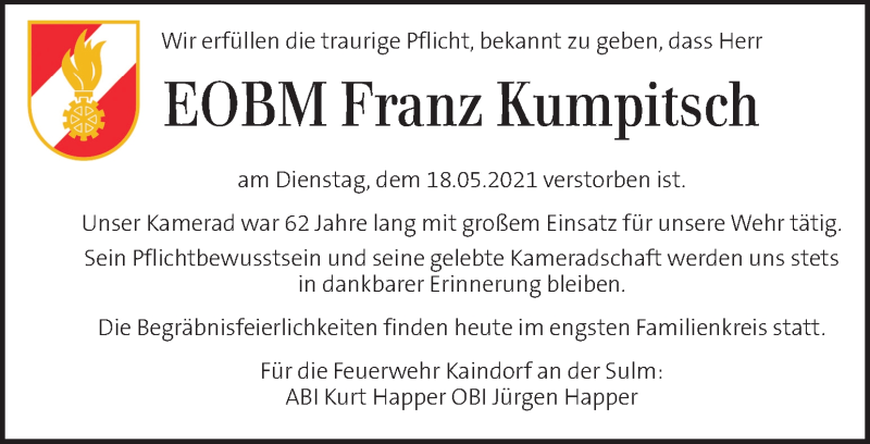  Traueranzeige für Franz Kumpitsch vom 21.05.2021 aus Kleine Zeitung