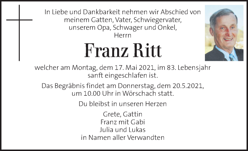  Traueranzeige für Franz Ritt vom 20.05.2021 aus Kleine Zeitung