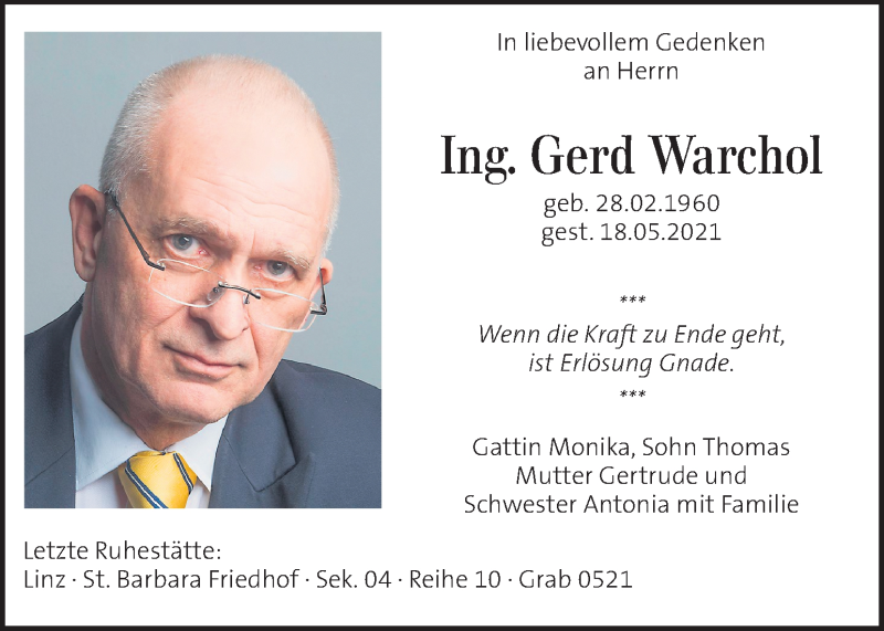  Traueranzeige für Gerd Warchol  vom 26.05.2021 aus Kleine Zeitung