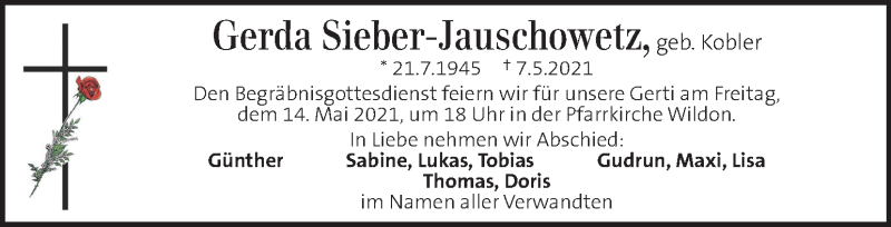  Traueranzeige für Gerda Sieber-Jauschowetz  vom 13.05.2021 aus Kleine Zeitung