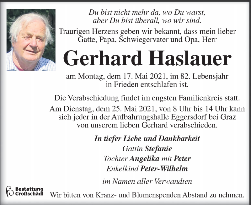  Traueranzeige für Gerhard Haslauer  vom 20.05.2021 aus Kleine Zeitung