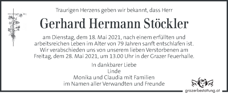  Traueranzeige für Gerhard Hermann Stöckler vom 23.05.2021 aus Kleine Zeitung