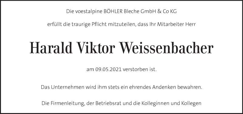  Traueranzeige für Harald Viktor Weissenbacher  vom 13.05.2021 aus Kleine Zeitung