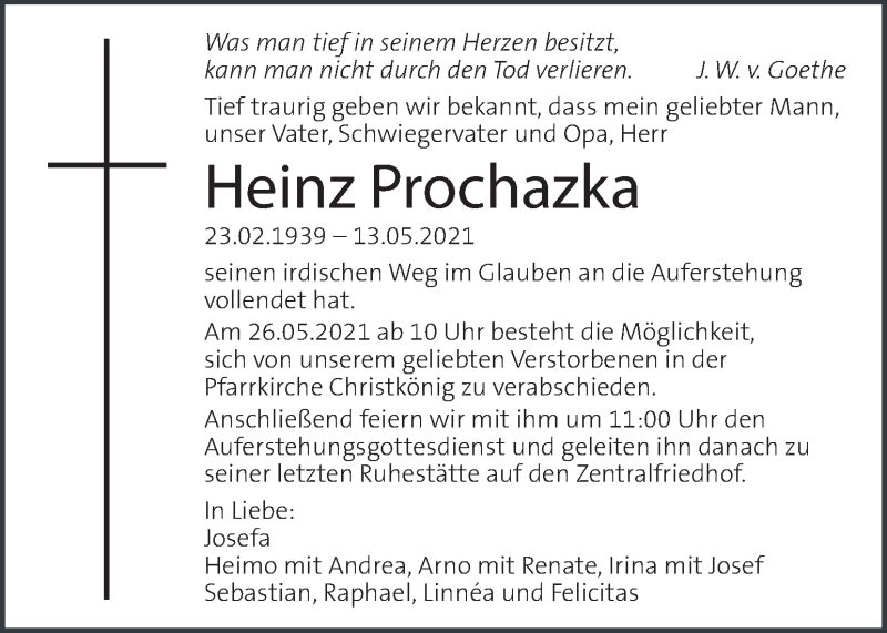  Traueranzeige für Heinz Prochazka vom 21.05.2021 aus Kleine Zeitung
