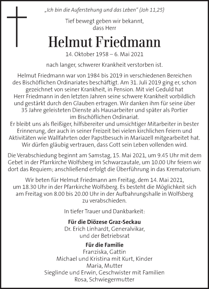  Traueranzeige für Helmut Friedmann  vom 12.05.2021 aus Kleine Zeitung
