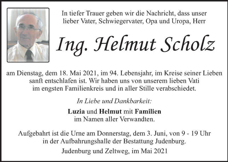  Traueranzeige für Helmut Scholz vom 29.05.2021 aus Kleine Zeitung