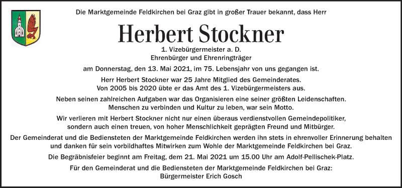  Traueranzeige für Herbert Stockner vom 19.05.2021 aus Kleine Zeitung