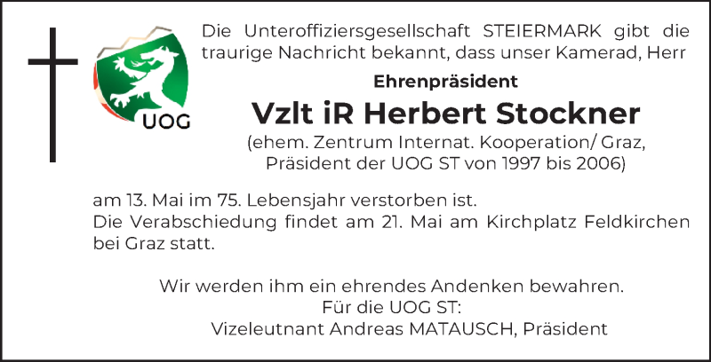  Traueranzeige für Herbert Stockner vom 19.05.2021 aus Kleine Zeitung