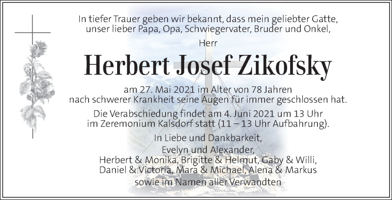  Traueranzeige für Herbert Josef Zikofsky vom 01.06.2021 aus Kleine Zeitung