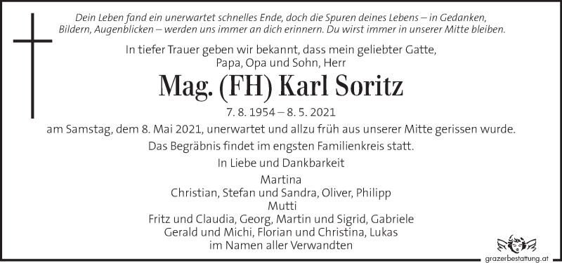  Traueranzeige für Karl Soritz vom 15.05.2021 aus Kleine Zeitung