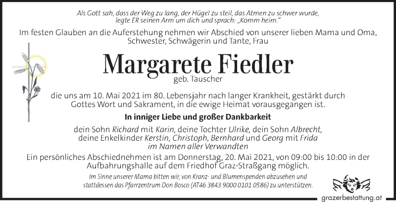  Traueranzeige für Margarete Fiedler vom 16.05.2021 aus Kleine Zeitung