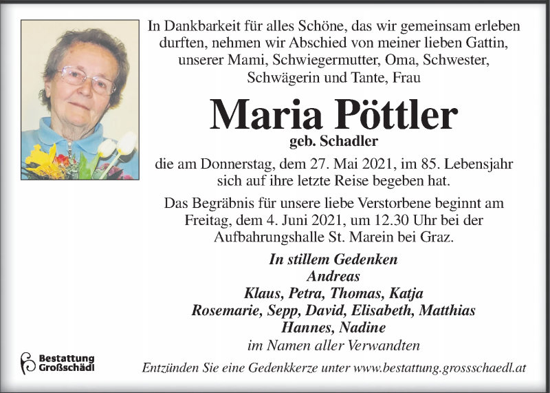  Traueranzeige für Maria Pöttler vom 30.05.2021 aus Kleine Zeitung