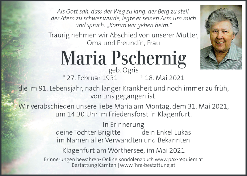  Traueranzeige für Maria Pschernig vom 29.05.2021 aus Kleine Zeitung