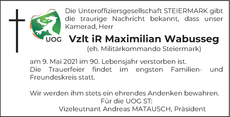  Traueranzeige für Maximilian Wabusseg vom 13.05.2021 aus Kleine Zeitung