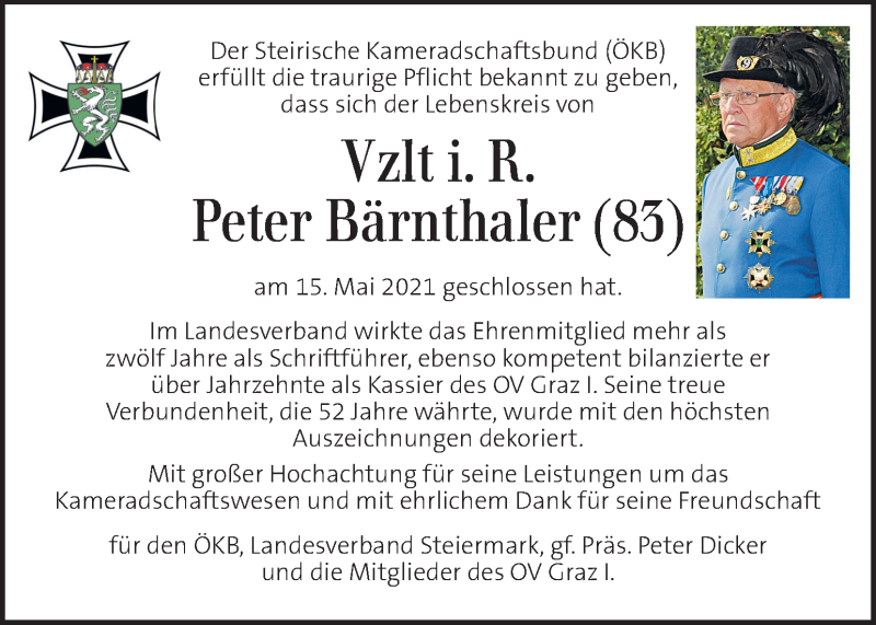  Traueranzeige für Peter Bärnthaler  vom 20.05.2021 aus Kleine Zeitung