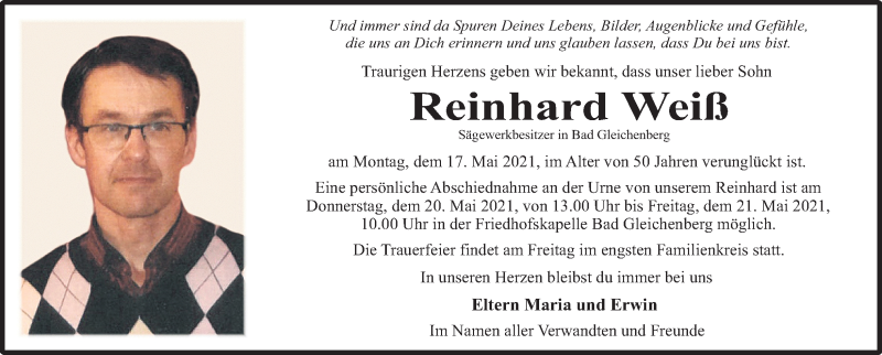  Traueranzeige für Reinhard Weiß vom 19.05.2021 aus Kleine Zeitung